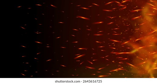 Realistic fire sparks and glowing embers rise on dark smoky background. Hot flame, flare and burning particles create intense heat effect. Perfect for grill, danger or explosion themes. Vector eps.