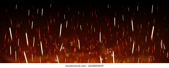 Realistic fire sparks and glowing embers on dark background with smoke and flame texture. Hot orange light and burning particles create magical heat effect. Fireplace, grill or power theme