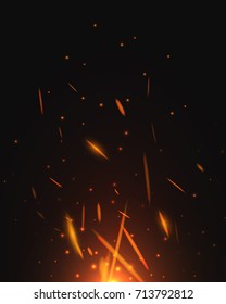 Realistic fire sparks on black background. Vector illustration template element for christmas firework design.