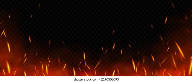Realistic fire sparks on transparent background. Vector illustration of burning particles and smoke rising in air.