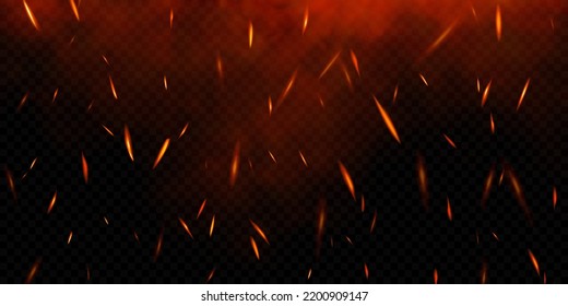 Realistic fire sparks on transparent background. Vector illustration of burning particles and smoke