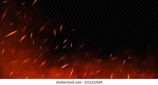 Realistic fire sparks on transparent background. Vector illustration of burning particles and smoke