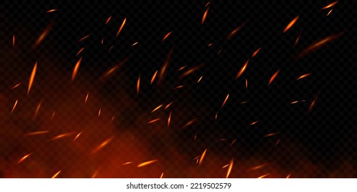 Realistic fire sparks on transparent background. Vector illustration of burning particles and smoke