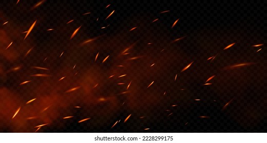 Realistic fire sparks on transparent background. Vector illustration of burning particles and smoke