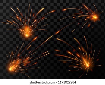 Realistic fire sparks. Spark flow of steel welding or metal cutting work. Electrical explosion sparkles of fiery industrial light or bengal burnt, sparklers glow flame vector isolated symbol set