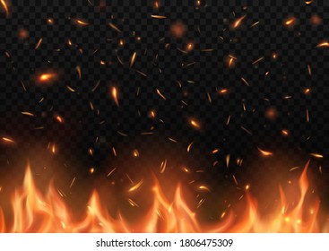 Realistic fire with sparks, vector burning campfire flame with particles flying up, embers and cinder. Burning 3d bonfire, blaze effect, glow shining flare. Heat tongues from blacksmith works or hell