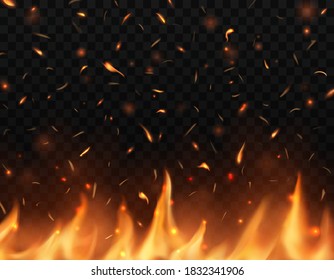 Realistic fire tongues with sparks, vector glow shining flare, burning campfire flame with particles flying up, embers and cinder. Burning 3d bonfire, blaze effect, Heat from blacksmith works or hell