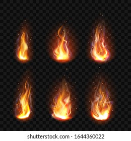 Realistic fire, torch flame icons set isolated on transparent background. Burning campfire or candle blaze effect, glow orange and yellow shining flare with steam, 3d vector illustration, clip art