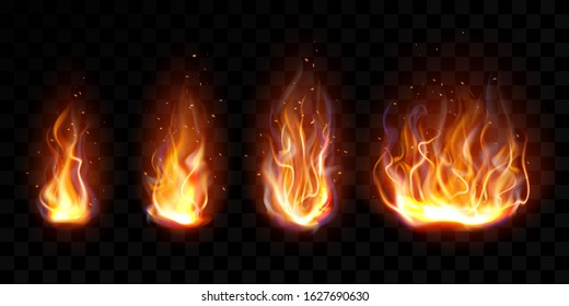 Realistic fire, torch flame set isolated on transparent background. Burning campfire or candle blaze effect, glow orange and yellow shining flare design elements 3d vector illustration, icon, clip art
