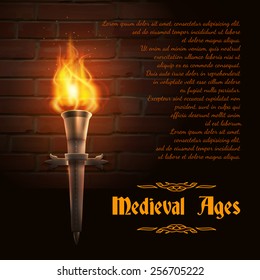 Realistic Fire Torch On Brick Wall Background With Medieval Ages Text Vector Illustration