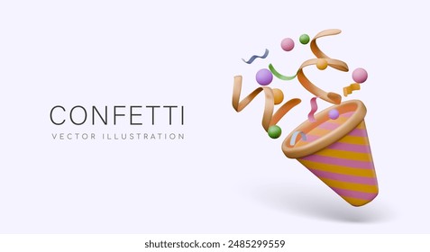 Realistic firecracker cone with different types of colored confetti. Festive horizontal banner