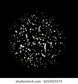 Fogo realista explodindo no céu noturno. Explosões brancas brilhantes de fogos de artifício. O desfoque festivo faísca. Efeito de luz pirotécnica. Design vetorial de celebração de feriado. Espumante de Carnaval