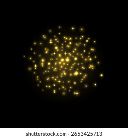 Realistic firecracker, fireworks exploding in night sky. Bright yellow explosions of fireworks. Festive blur sparks. Pyrotechnics light effect. Holiday celebration vector design. Carnival sparkling