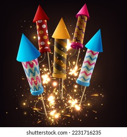Realistic Firecrackers with Light Explosive Effect, Firework Rockets with Sparkling Fireworks Explosions. Vector Illustration