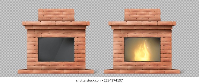 Realistic fireplace with fire isolated on transparent background. Vector illustration of flame burning in brick furnace with chimney. Traditional home heating equipment. Interior design element