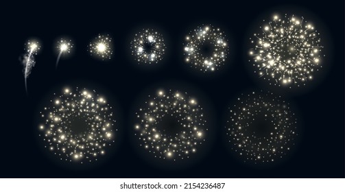 Realistic firework animation. 3D frame by frame holiday explosion. Sequence gradual stages. Salute disclosure. Glowing particles. Firecracker flashes. Vector pyrotechnic
