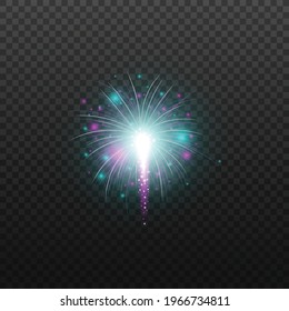 Realistic firework explosion with magical blue and purple glowing fire balls for holiday celebration. Isolated light burst on dark background, vector illustration.