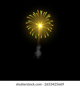 Realistic firework explosion with smoke trail, glowing sparks and yellow-green splashes. Pyrotechnics for birthday, show, carnival. Realistic decoration. Vector illustration. Black background.