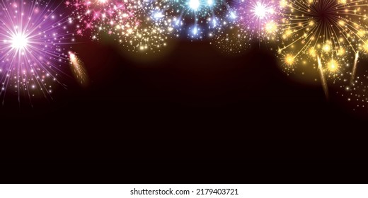 Realistic fireworks background. Pyrotechnics explosions. Holiday celebration. Festive night lights. Firecracker bursts. Glowing bright flashes in sky. Vector backdrop