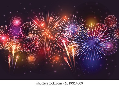 Realistic fireworks border composition with night sky background and colourful splashes with flying particles and specks vector illustration