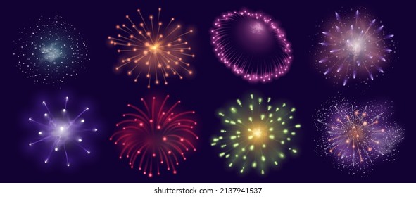 Realistic fireworks burst effect for festive, celebration or party. Firecracker explosion for diwali carnival. Night sky firework vector set. Bright birthday, new year holiday show