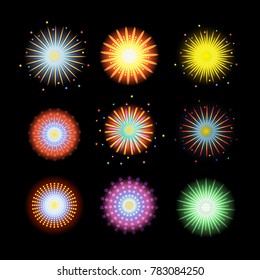Realistic fireworks bursting set.
Christmas and New Year festive colorful elements. Vector Illustration EPS 10 file.