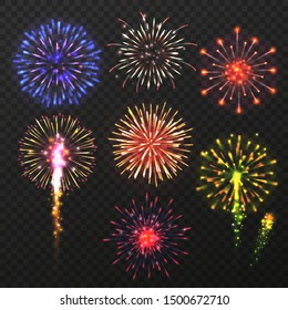 Realistic fireworks. Carnival multicolored firework explosion, christmas day celebration pyrotechnic elements isolated vector vacation multicolor backdrop set