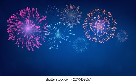 Realistic fireworks collection of blue night twilight backgrounds