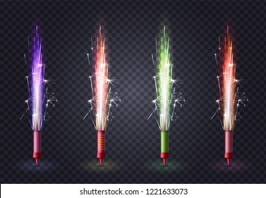 Realistic fireworks colored set with four isolated images of sparkler bengal light sticks on transparent background vector illustration