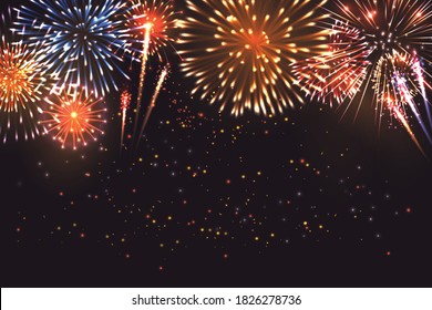 Realistic fireworks composition with images of pyrotechnics firework display colourful shapes and particles on dark background vector illustration