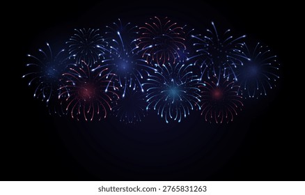 Realistic Fireworks explosions on dark night background with copy space. Red blue 4 th July independence day USA banner. Holiday sparkle, flash, decoration for festive design, vector illustration.