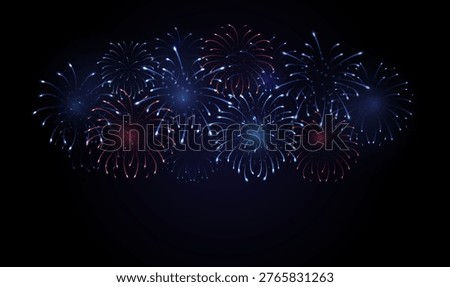 Realistic Fireworks explosions on dark night background with copy space. Red blue 4 th July independence day USA banner. Holiday sparkle, flash, decoration for festive design, vector illustration.