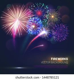 Realistic fireworks explosions with shining sparks on dark background. Festive template with brightly colorful fireworks and free space for text. Pyrotechnics light show vector illustration.