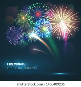 Realistic fireworks explosions with shining sparks on dark background. Festive template with new year colorful fireworks and free space for text. Pyrotechnics light show vector illustration.