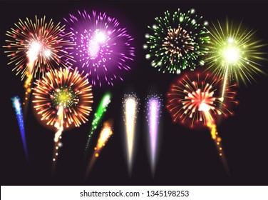 Realistic fireworks icon set in different sizes shapes and colors illuminated and bright vector illustration