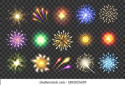 Realistic fireworks. Salute elements, multicolored outdoor rockets bursts for christmas cheers and carnival lights decorations, pyrotechnics firecrackers explosions vector image