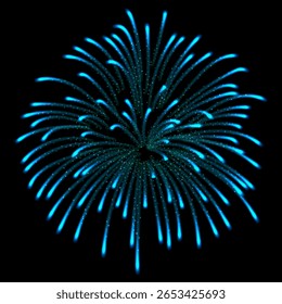 Realistic fireworks salute with shining sparks. Bright blue explosions of fireworks. Pyrotechnic rocket fire. Festive firecracker burst. Holiday celebration, carnival sparkling vector design