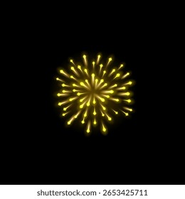 Fogos de artifício realistas saudam com faíscas brilhantes. Explosões amarelas brilhantes de fogos de artifício. Fogo pirotécnico no foguete. Explosão de fogos de artifício festivos. Espumante festivo de Carnaval. Design vetorial de celebração de feriado