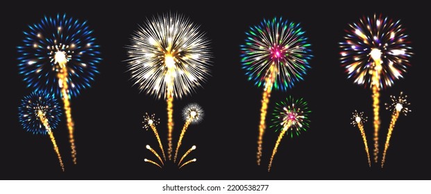 Realistic fireworks set in different sizes shapes and colors illuminated