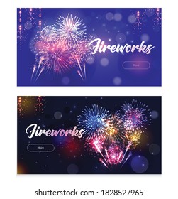 Realistic fireworks set of two horizontal banners with spots of light particles and clickable more button vector illustration