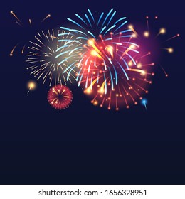 Realistic fireworks vector background design. Pyrotechnic explosion, light burst, illuminated effect isolated on dark blue backdrop. Holiday celebration, New Year firecrackers, salute