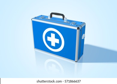 Realistic first aid kit in blue color on light background isolated vector illustration