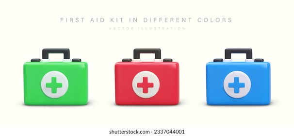 Realistic first aid kits in different colors. Collection of illustrations for web design. Emergency medical care symbol. Basic set of medicines in portable box