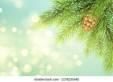 Realistic fir-tree branch with pinecone illustration. Spruce twig with bump on shining background. Christmas decoration with sparkling round lights. Postcard, banner design. Vector illustration