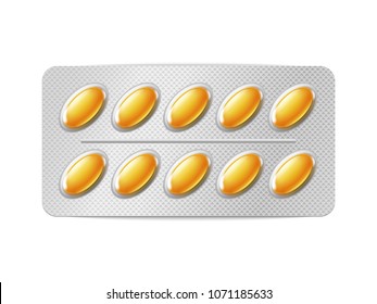 Realistic fish oil Omega 3 pills blister with capsules on white background. Realistic mock-up of pills packaging medicines vitamins. Healthcare medical.