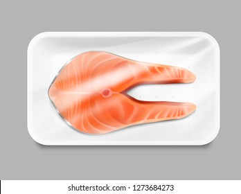 Realistic fish salmon steak on tray container. Vector illustration isolated on white background. Easy to use for presentation your product, idea, design. EPS10.