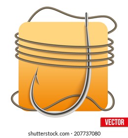 Realistic fishing hook with rope and space. Vector illustration isolated on white background.