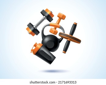Realistic fitness composition. 3d sport objects, flying elements, workout gym tools, shaker, kettlebell and dumbbell, gym accessories, training yoga equipment, utter vector isolated concept - Shutterstock ID 2171693313