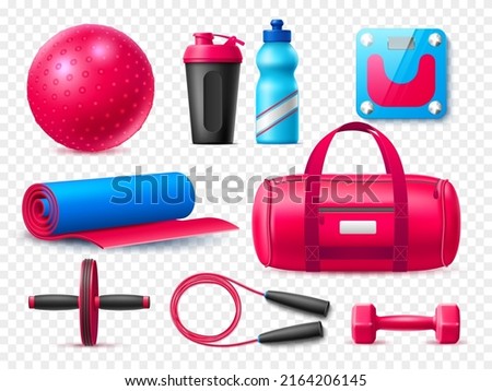 Realistic fitness elements. Gym women accessories, girls yoga objects, different sport devices, bottle and shaker, bag, mat and dumbbell, jump rope and scales. Healthy lifestyle vector set