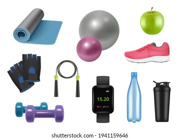 Realistic fitness equipment. Sport symbols for healthy lifestyle 3d items for gym dumbbells skipping rope apple water bottles sneakers decent vector